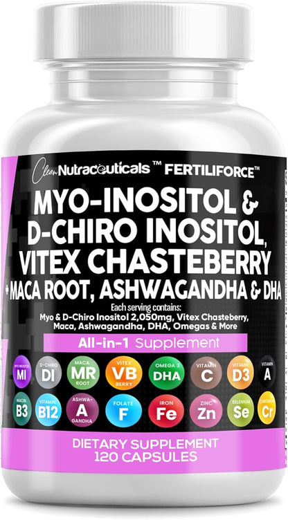 Clean Nutraceuticals Myo-Inositol & D-Chiro Inositol 2050mg Fertility Supplement 40:1 Ratio - Prenatal Vitamins for Women with Ashwagandha Maca Root Vitex Chasteberry Iron DHA Folic Acid DIM Zinc (1)