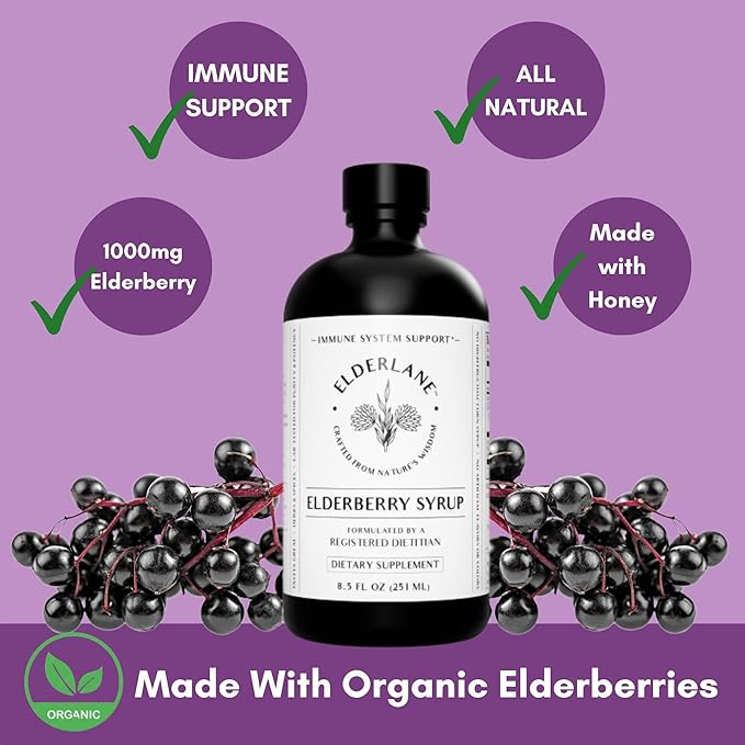Elderberry Syrup by Elderlane - Elderberry Shots - Immune Support Supplement for Kids & Adults - Immune Boosters - Natural Immunity Booster - Made with Honey & Elderberries - Gluten-Free - 8.5 Fl Oz