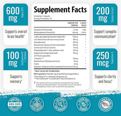 1 Body Brain Support Supplement with Alpha GPC and Lion's Mane Extract, 90 Capsules, Twin Pack