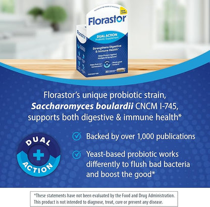 Florastor Probiotics for Digestive and Immune Health, 30 Capsules, Probiotics for Women & Men, Helps Flush Out Bad Bacteria, Boosts The Good with Our Unique Strain Saccharomyces Boulardii