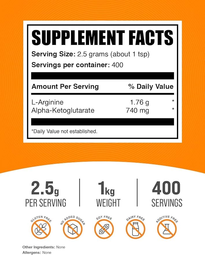 BulkSupplements.com AAKG Powder - Arginine AKG Supplement,Nitric Oxide Supplement - Unflavored & Gluten Free, 2.5g per Serving, 1kg (2.2 lbs) (Pack of 1)