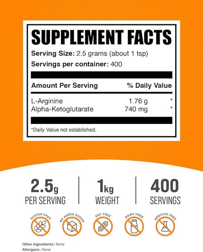 BulkSupplements.com AAKG Powder - Arginine AKG Supplement,Nitric Oxide Supplement - Unflavored & Gluten Free, 2.5g per Serving, 1kg (2.2 lbs) (Pack of 1)