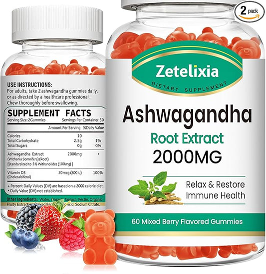 2 Pack Ashwagandha Gummies, Extra Strength Vitamin D3, Organic Ashwa Root Extract Supplement for Calm Mood Relaxation and Immune Support, Mixed Berry Vegan Chews 120 Count
