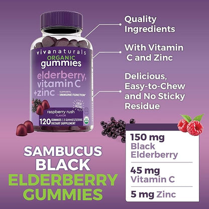 Viva Naturals Organic Sambucus Elderberry Gummies for Adults (120 Count) - 3in1 Black Elderberry Vitamin C and Zinc Immune Support Gummies, Chewable Elderberry Supplements, Zinc Immunity Gummies