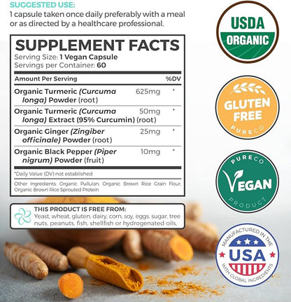 USDA Organic Turmeric Curcumin with Black Pepper and Ginger (2 Month Supply) Joint Support Supplement with Tumeric and Ginger Root Powder - Organic Turmeric Supplement - 60 Vegan Capsules (No Pills)