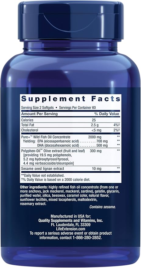 Super Omega-3 EPA/DHA Fish Oil, Sesame Lignans & Olive Extract - For Heart & Brain Health – For Inflammation & Cholesterol Management – Gluten-Free, Non-GMO – Lemon Flavor 120 Softgels