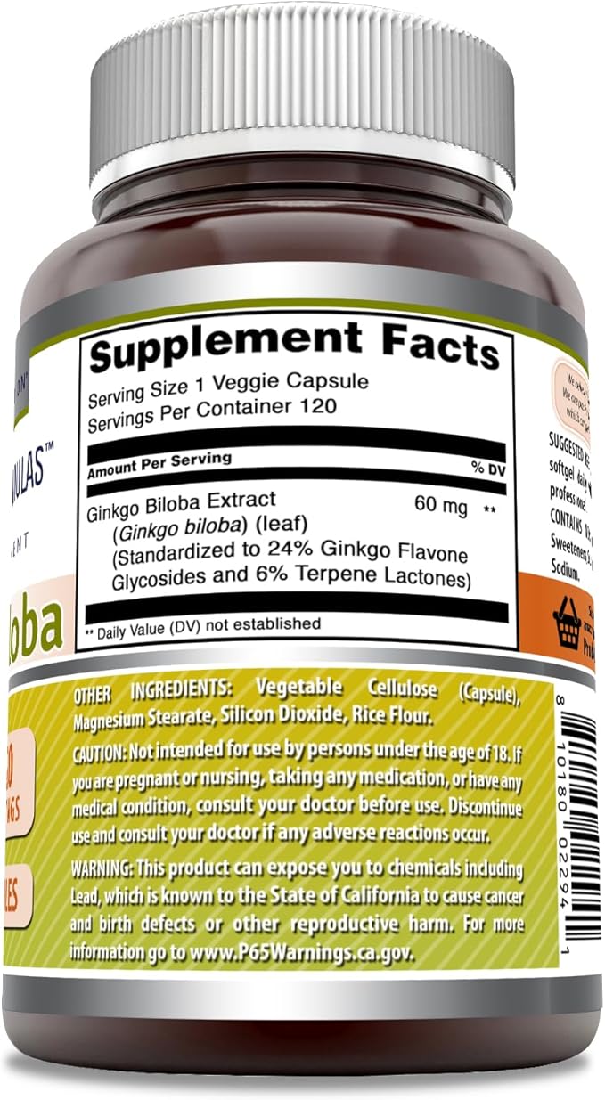 Amazing Formulas Ginkgo Biloba 120 Mg Supplement 120 Capsules | Standardized to Contain 24% Ginkgo Flavone Glycosides | Non-GMO | Gluten Free | Made in USA