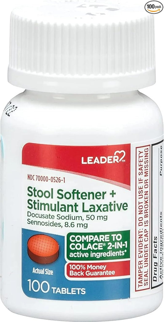 Leader 2-in-1 Stool Softener & Stimulant Laxative, Docusate Sodium 50mg, Sennosides 8.6 mg, Gentle Occasional Constipation Relief for Adults, Both Men & Women, & Children Ages 6+, 100 Tablets