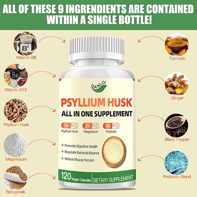 Psyllium Husk Capsules, Psyllium Husk Fiber Dietary Supplement 500mg, with Magnesium & Probiotics, Weight Management, Muscle Relief, Digestive & Gut Health for Men & Women, 120 Capsules