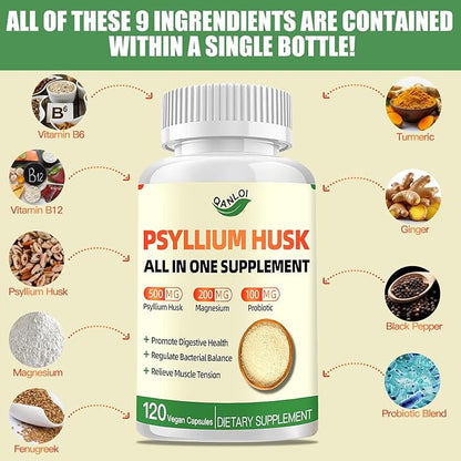 Psyllium Husk Capsules, Psyllium Husk Fiber Dietary Supplement 500mg, with Magnesium & Probiotics, Weight Management, Muscle Relief, Digestive & Gut Health for Men & Women, 120 Capsules