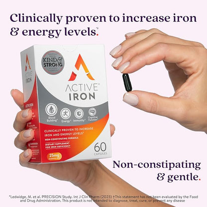 Active Iron Supplement, 25mg (60 Capsules) Non-Constipating and Gentle for Women & Men, Highly Absorbed, Clinically Proven to Increase Iron & Energy Levels