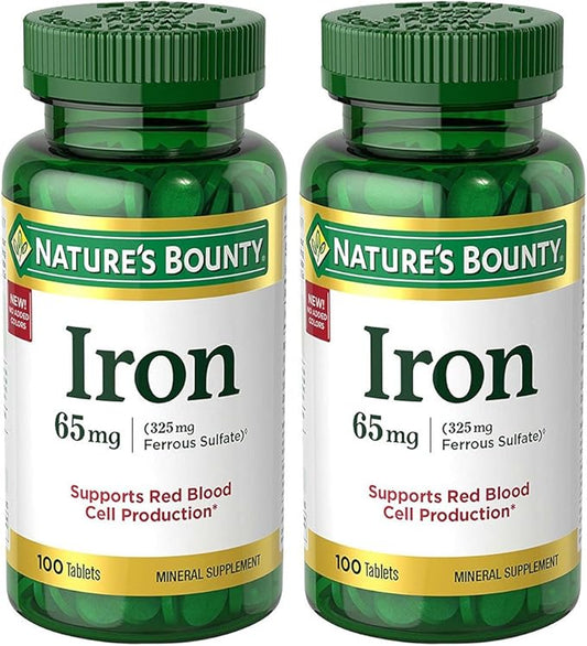 Iron 65 mg (325 mg Ferrous Sulfate), 2 Bottles (100 Count)