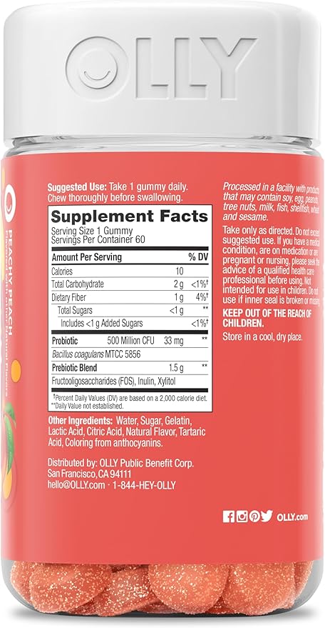 OLLY Probiotic + Prebiotic Gummy, Digestive Support and Gut Health, 500 Million CFUs, Fiber, Adult Chewable Supplement for Men and Women, Peach, 60 Day Supply - 60 Count