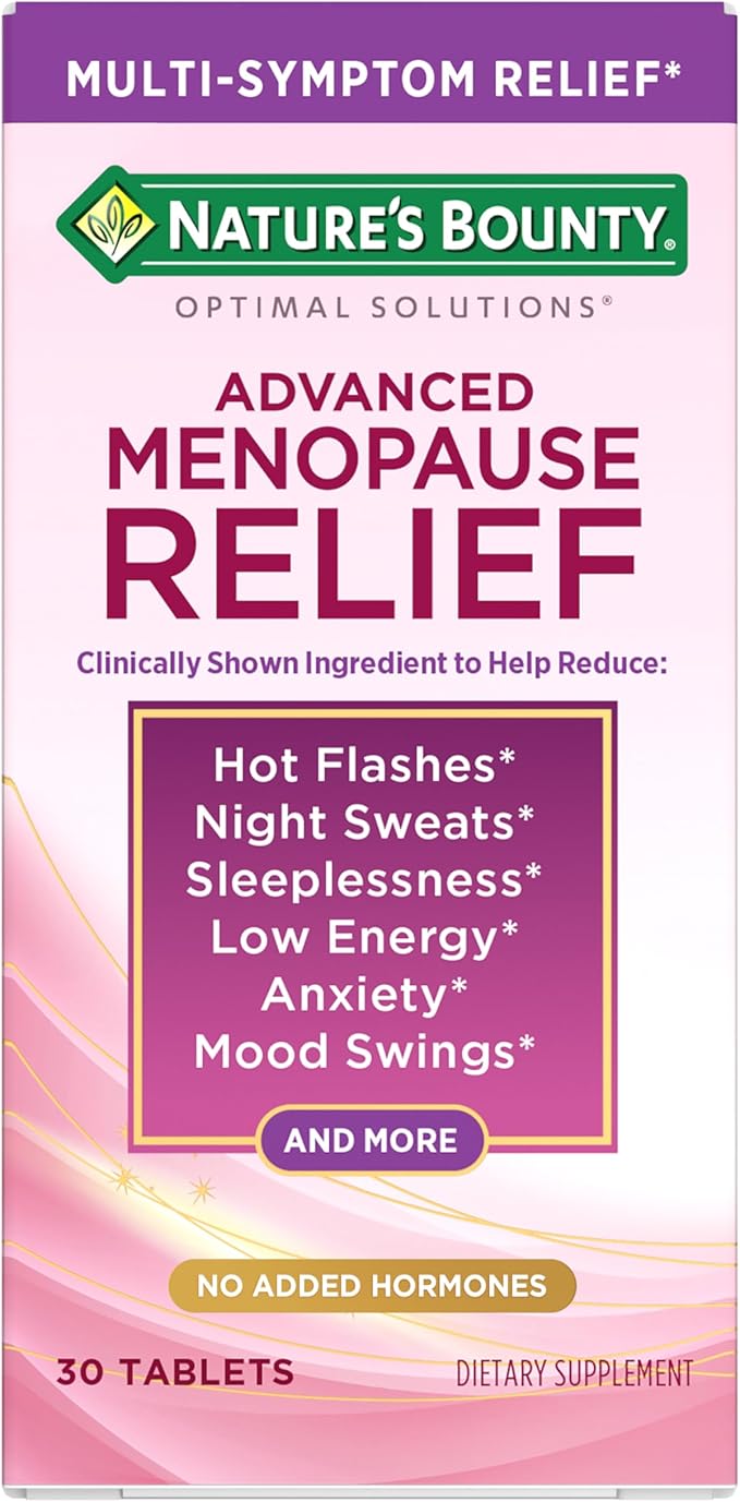 Nature's Bounty Optimal Solutions Advanced Menopause Relief for Menopause Support, Menopause Vitamins for Women, No Added Hormones, Drug-Free, 30 Tablets, 30 Total Servings