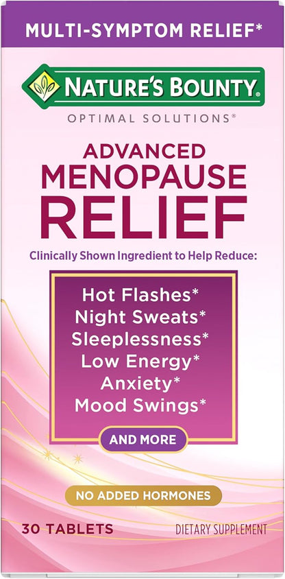Nature's Bounty Optimal Solutions Advanced Menopause Relief for Menopause Support, Menopause Vitamins for Women, No Added Hormones, Drug-Free, 30 Tablets, 30 Total Servings