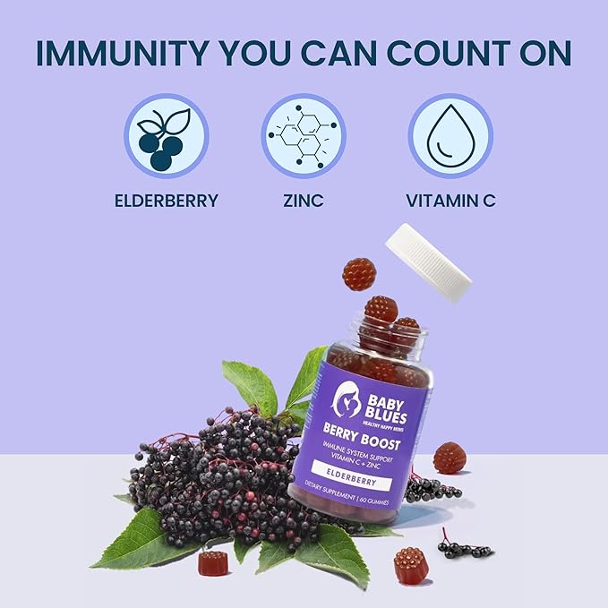 Baby Blues Berry Boost Elderberry Gummies for Moms - Immune Support with Zinc & Vitamin C Non-GMO Vegan and Gluten Free (60 Pieces)