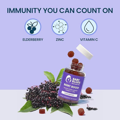 Baby Blues Berry Boost Elderberry Gummies for Moms - Immune Support with Zinc & Vitamin C Non-GMO Vegan and Gluten Free (60 Pieces)