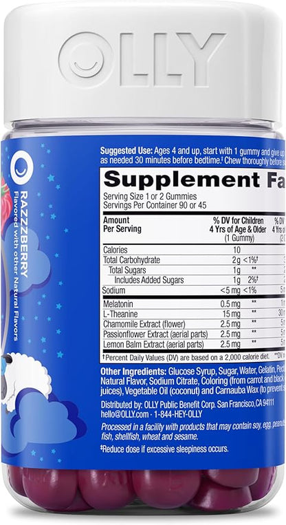 OLLY Kids Sleep Gummy, Occasional Sleep Support, 0.5mg Melatonin, L Theanine, Chamomile, and Lemon Balm Extracts, Childrens Chewable Supplement, Raspberry Flavor - 90 Count