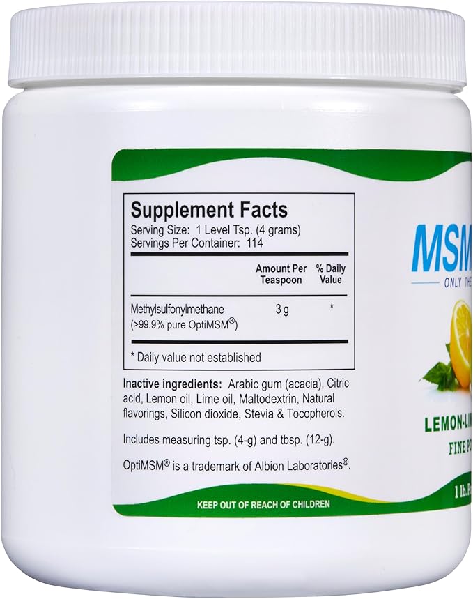 KALA HEALTH MSMPure Lemon Lime Flavored Fine MSM Powder Crystals – Organic Sulfur for Joint Flexibility, Skin Appearance, and Hair & Nail Support - 1 lb, USA Made MSM, Distilled Flakes
