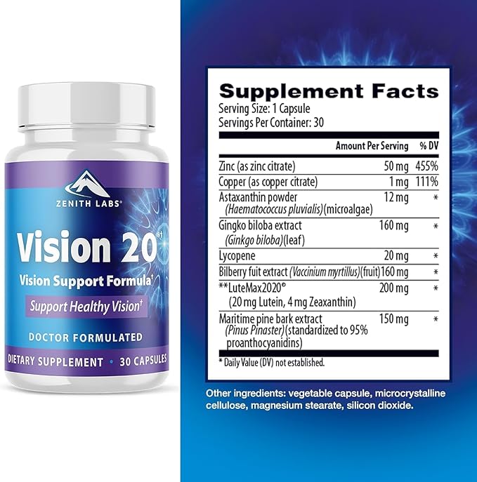 Zenith Labs Vision 20 Eye Vitamins - Lutein, Zeaxanthin, and Bilberry Extract - Supports Eye Strain, and Eye Health - Carotenoid Blend, 6 Pack