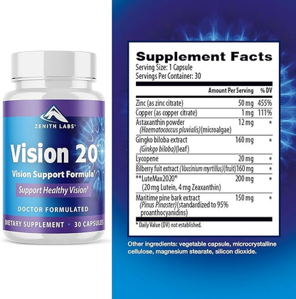 Zenith Labs Vision 20 Eye Vitamins - Lutein, Zeaxanthin, and Bilberry Extract - Supports Eye Strain, and Eye Health - Carotenoid Blend, 6 Pack