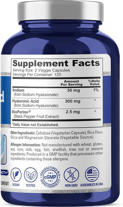 NusaPure Hyaluronic Acid 300mg 250 Veggie Capsules (Non-GMO, Vegan)