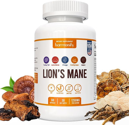 Lions Mane Supplement Capsules with Turkey Tail, Reishi, Cordyceps Chaga, Maitake, Meshima, Poria Cocos, Shiitake, Oyster, Porcini, Enoki 20 in1 Mushroom
