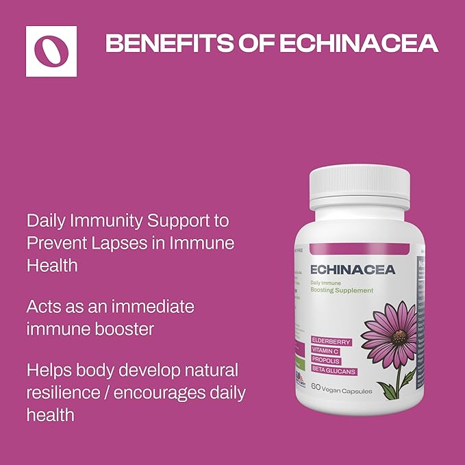 Echinacea Immune Support Supplement, Infused with Elderberry, Vitamin C, Propolis and Beta Glucans, Immune Booster Vitamins and Supplements for Adults, 60 Vegan Echinacea Capsules