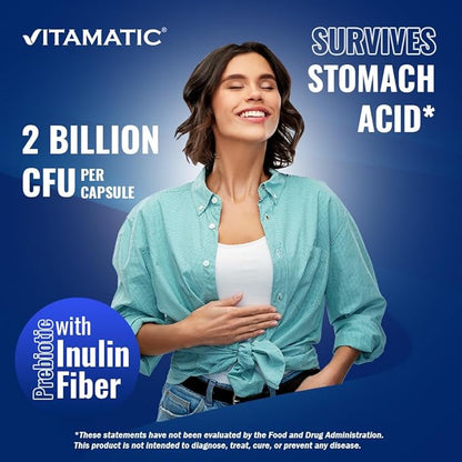 Vitamatic Lactobacillus Salivarius 2 Billion per DR Capsule - 60 Count - Digestive Support - Made with Prebiotic Inulin Fiber (3 Bottles)