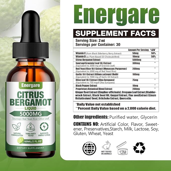 1 Pack Citrus Bergamot Liquid Drops, Bergamot Supplement for High Cholesterol - Soursop, Red Yeast Rice, Olive Leaf - All - Natural, Heart Immune Support & Antioxidant, Soursop Bitters Liquid，2 Fl Oz