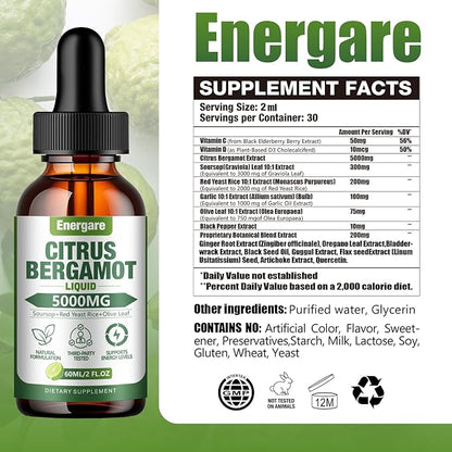 1 Pack Citrus Bergamot Liquid Drops, Bergamot Supplement for High Cholesterol - Soursop, Red Yeast Rice, Olive Leaf - All - Natural, Heart Immune Support & Antioxidant, Soursop Bitters Liquid，2 Fl Oz