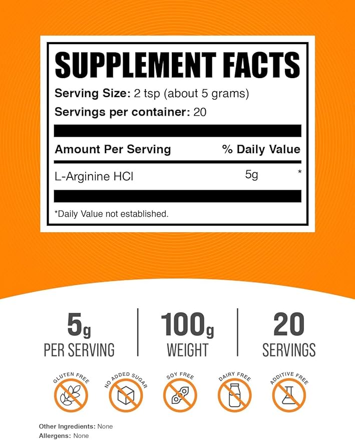 BulkSupplements.com L-Arginine HCl Powder - L-Arginine 1000mg, Arginine Supplement - Nitric Oxide Supplement, Nitric Oxide Powder - Pure & Gluten Free, 1000mg per Serving, 100g (3.5 oz)
