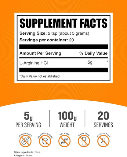 BulkSupplements.com L-Arginine HCl Powder - L-Arginine 1000mg, Arginine Supplement - Nitric Oxide Supplement, Nitric Oxide Powder - Pure & Gluten Free, 1000mg per Serving, 100g (3.5 oz)