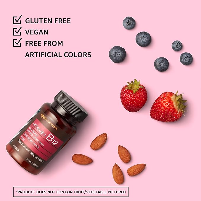 Amazon Elements Vitamin B12 Methylcobalamin 5000 mcg - Normal Energy Production and Metabolism, Immune System Support - 2 Month Supply, Berry Flavored Lozenges, 65 Count (Pack of 2)
