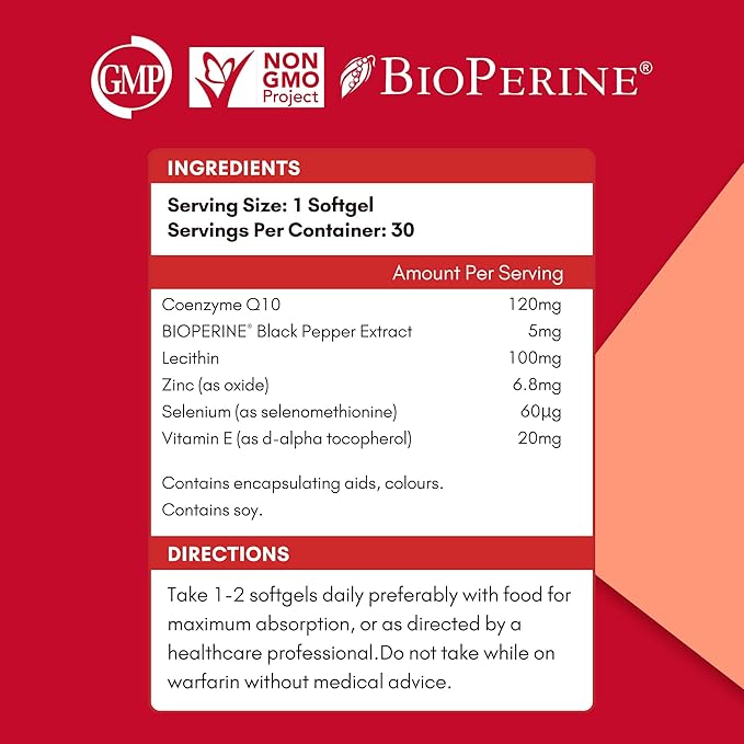 CoQ10 120mg with BioPerine(Black Pepper), Coenzyme Q10 with Vitamins E, Ultra High Absorption Antioxidant Support for Heart Health, Gluten Free, 30 Days Supply