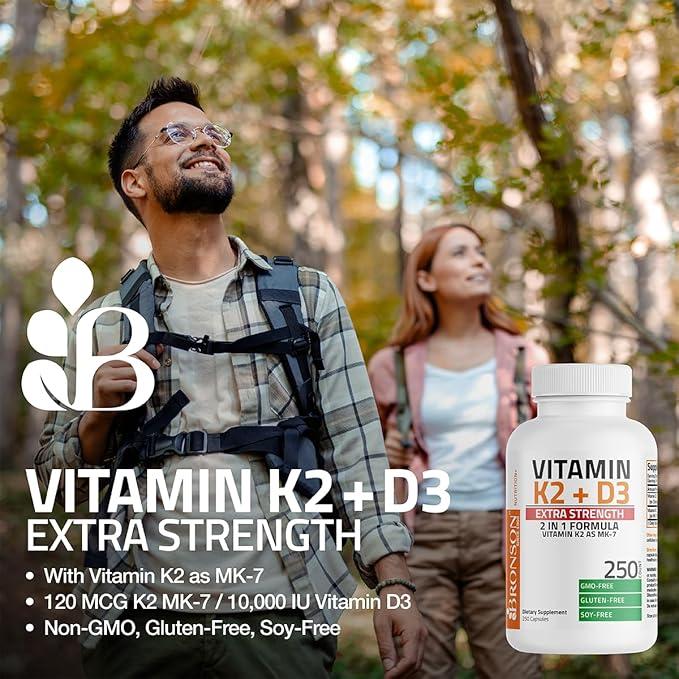 Bronson Vitamin K2 (MK7) with D3 Extra Strength Supplement Bone and Heart Health Non-GMO Formula 10,000 IU Vitamin D3 & 120 mcg Vitamin K2 MK-7 Easy to Swallow Vitamin D & K, 250 Capsules