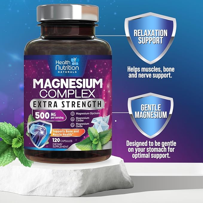 Magnesium Supplement Citrate Capsules 500mg with Glycinate, Oxide, Malate, Citrate - for Muscle, Nerve, Bone and Heart Health Support - High Absorption Glycinate Complex, Gluten Free - 120 Capsules