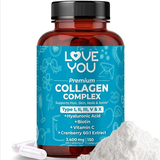 Love You Premium Collagen Capsules – Types I, II, III, V & X – Hair, Skin, Nails, Joints & Gut Support – Hydrolyzed Bovine Collagen Peptides – Grass-Fed, Non-GMO, 120 Capsules, USA Made