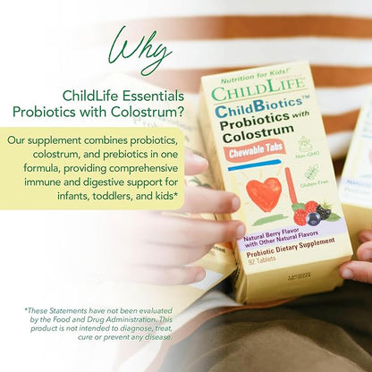 CHILDLIFE ESSENTIALS ChildBiotics with Colostrum- Probiotics for Kids, Probiotics for Digestive Health, Chewables, Children's Probiotic, Colostrum for Kids - Natural Berry, 92 Tablets (Pack of 2)