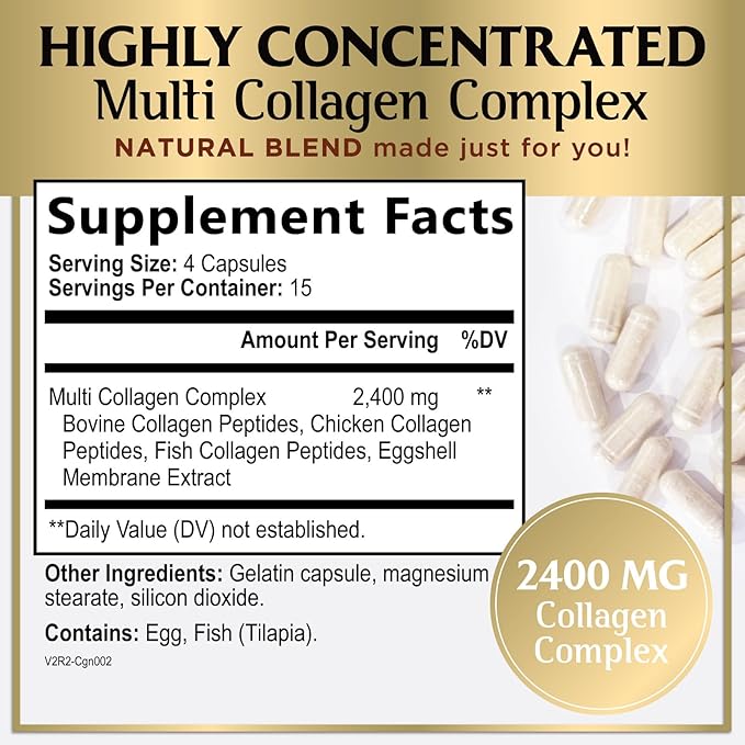 Collagen Peptides for Women – 2400mg Per Serving – Multi Collagen Capsules with Types I, II, III, V & X – Hydrolyzed Collagen Supplement Vital Hair, Skin, Nails, Joints & Bones Support – 60 Capsules