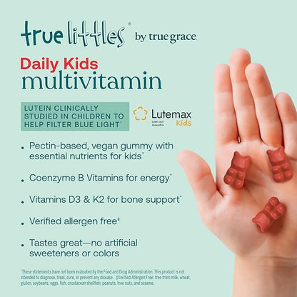 True Grace True Littles Daily Kids Multi - 60 Pectin Gummies - - Clinically Studied Lutemax Kids Lutein & Vitamin D3 + K2 - Allergen Free & Vegan - 60 Servings