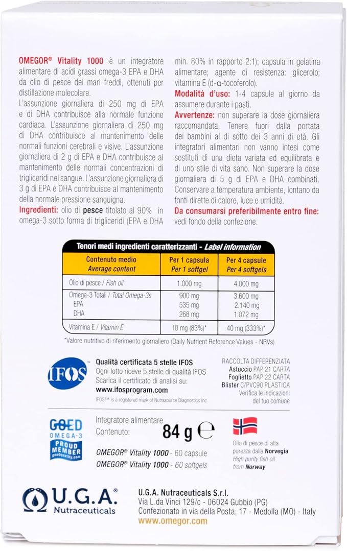OMEGOR Omega 3 1000mg Fish Oil Capsules IFOS Certified Vitality 1000 DHA EPA Omega3 Supplement - No Fishy Aftertaste, Non-GMO (90 Softgels)