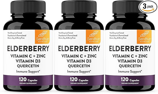 Sandhu's Elderberry Vitamin C & Zinc with Quercetin Capsules for Men & Women | Supports Immunity, Bone Health and Quality Sleep | 360 Count