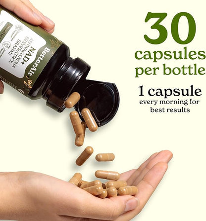 NAD+ Capsules | with Ashwagandha, Resveratrol, CoQ10, NAD+ Precursors | Vitamin B3 |Supports Longevity & Cellular Energy | 1-Month Pack