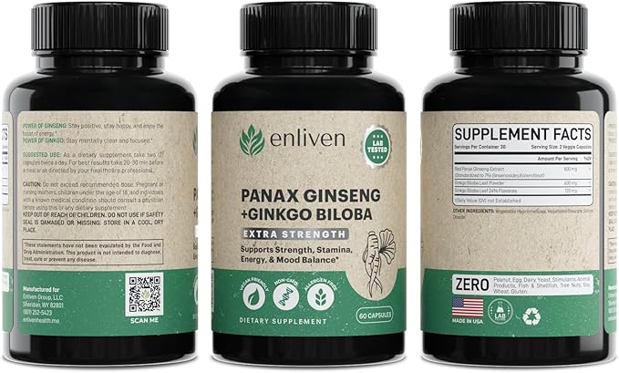 enliven Panax Ginseng & Ginkgo Biloba Supplement | Korean Ginseng Capsules for Immune Support & Stress Relief | 60 Count | Made in USA