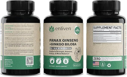 enliven Panax Ginseng & Ginkgo Biloba Supplement | Korean Ginseng Capsules for Immune Support & Stress Relief | 60 Count | Made in USA