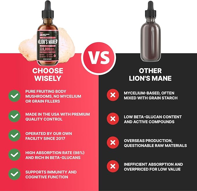 Lions Mane Supplement - Daily Mushroom Supplement for Memory, Focus & Clarity - Brain Booster - Lions Mane Tincture for Natural Immune Support - 4 Fl Oz Raspberry Flavor