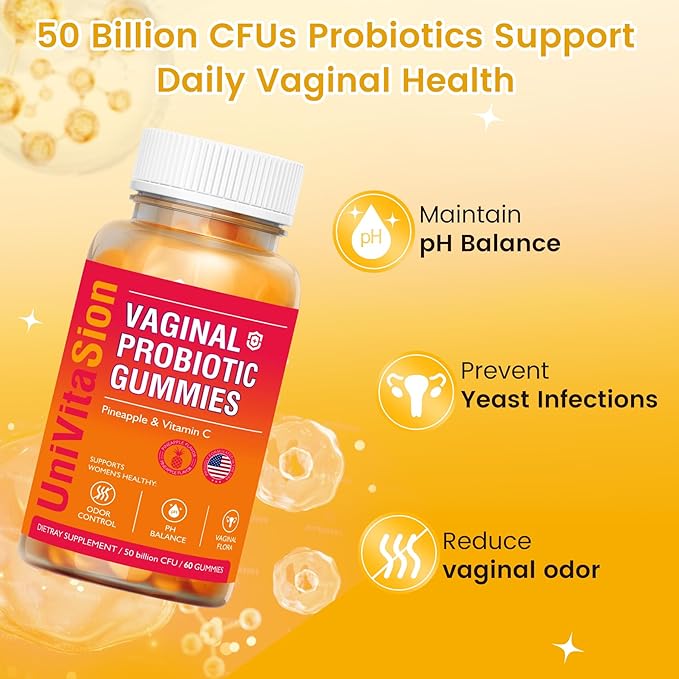 UniVitaSion Vaginal Probiotics Gummies for Women, 50 Billion CFUs - PH Balance, Vaginal odor, Vaginal Flora, Yeast Infection Treatment for Women, Vitamin C for Immune health, Hawaiian Pineapple Flavor