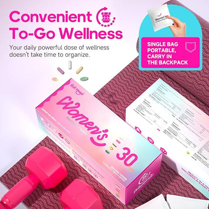 Daily Women Multivitamin Packs - All in One with Vitamin A, D3, K2, B12, NAD, CoQ10, Digestion, L-Theanine, Skin, probiotics for Women, Female Wellness Support Supplement, 30 Packs