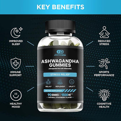 Ashwagandha Gummies 1500mg | Stress Relief, Immune Support, Calm Mood, Energy | Natural Berry Flavor | 90-Day Supply | Vegan, Gluten-Free, Non-GMO | Supplement for Men & Women (2-Pack)